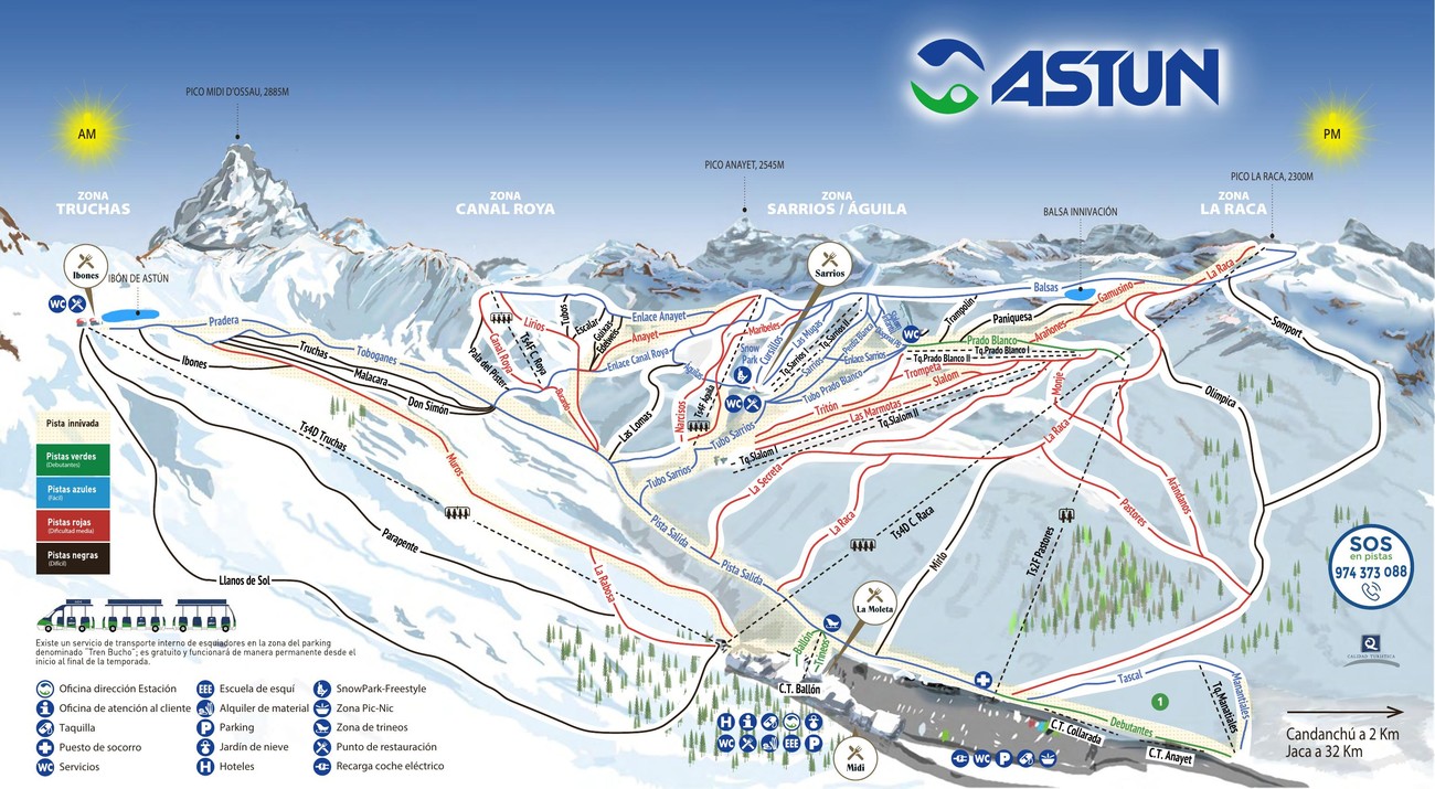Plano de pistas de Ast&uacute;n con los remontes y las pistas se&ntilde;alizadas por colores