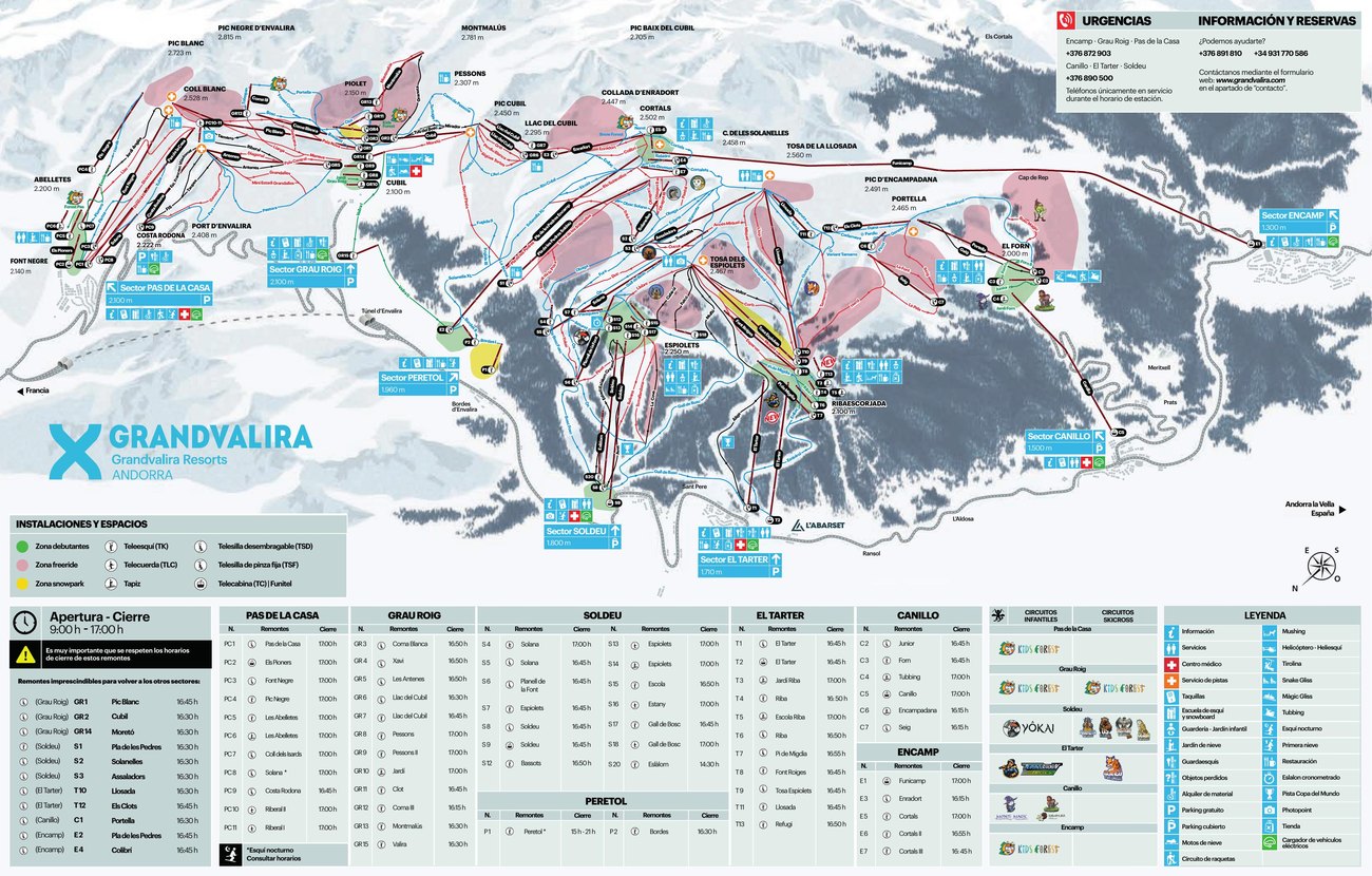 Plano de pistas de Grandvalira con los siete sectores, los remontes y las pistas se&ntilde;alizadas por colores