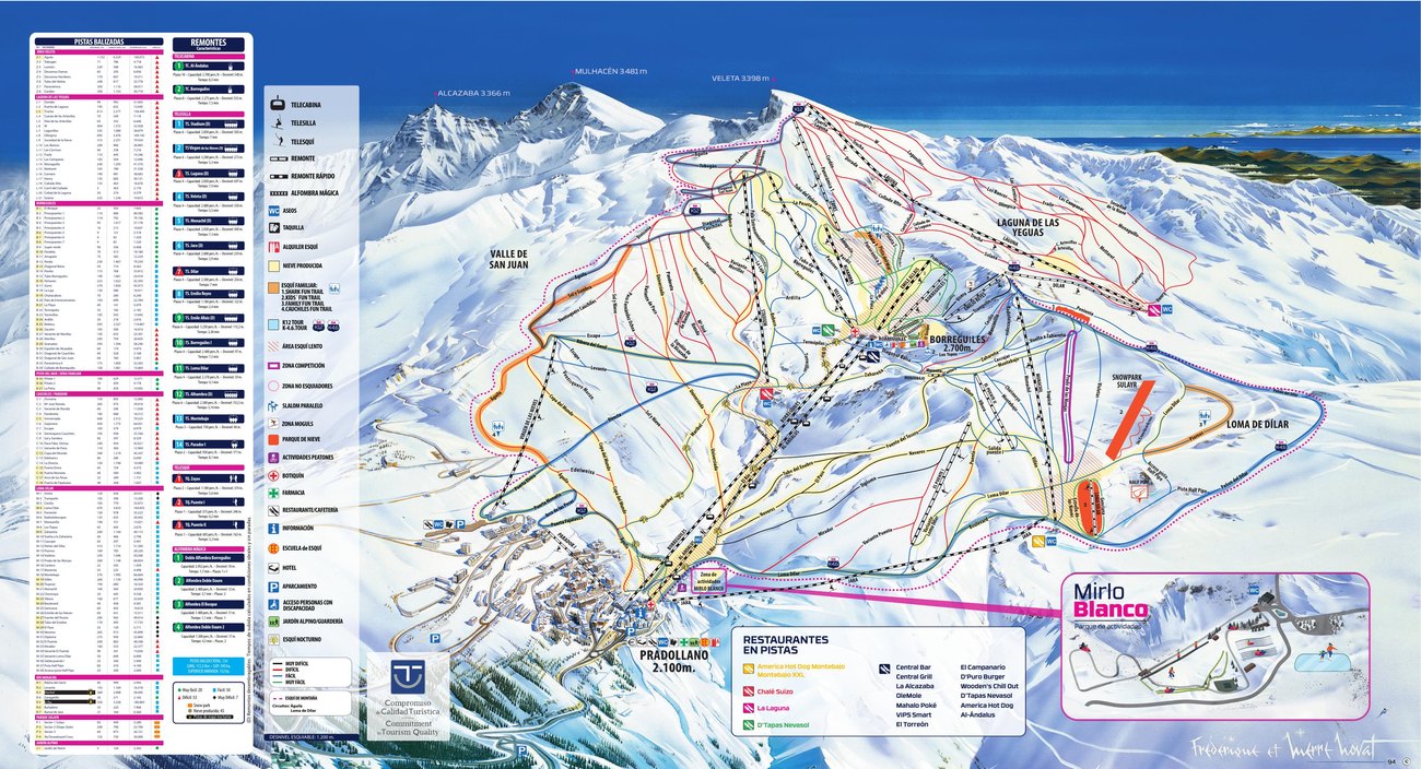 Plano de pistas de Sierra Nevada con los remontes y las pistas se&ntilde;alizadas por colores